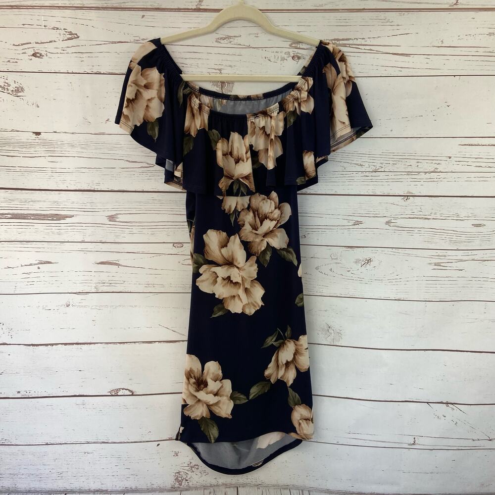 My Bump S/M Maternity Blue Floral Off Shoulder Overlay Ruffle Ruched Mini Dress - Picture 4 of 6